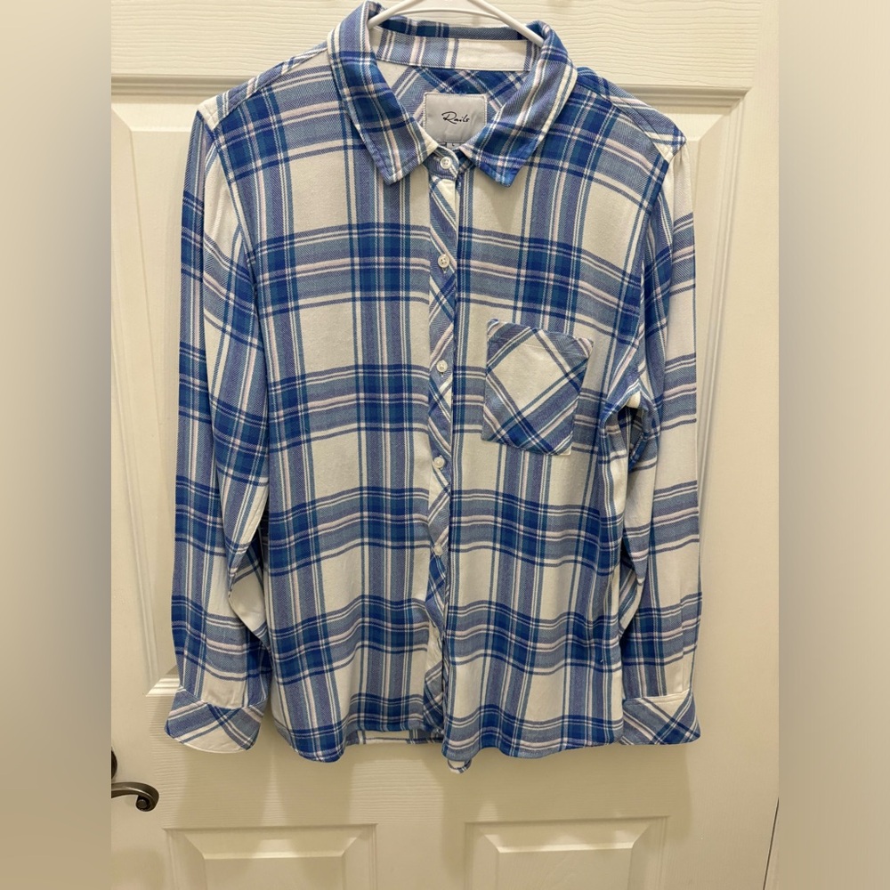 Rails Hunter Plaid Shirt L Button Down Long Sleeve White Blue Lilac Soft - Picture 2 of 7